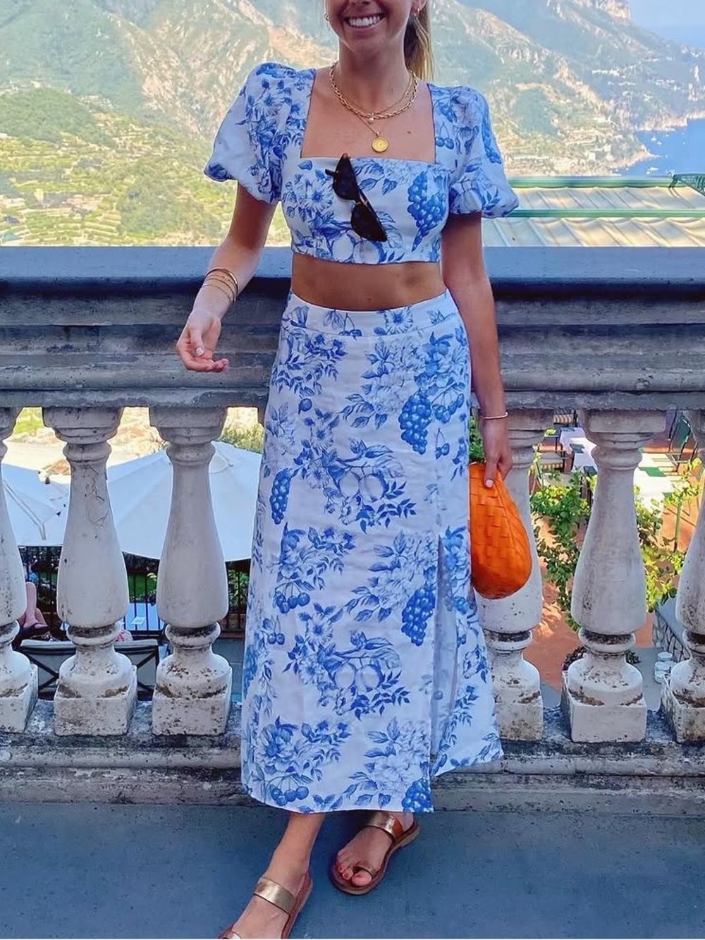 Blue Floral Midi Skirt and top